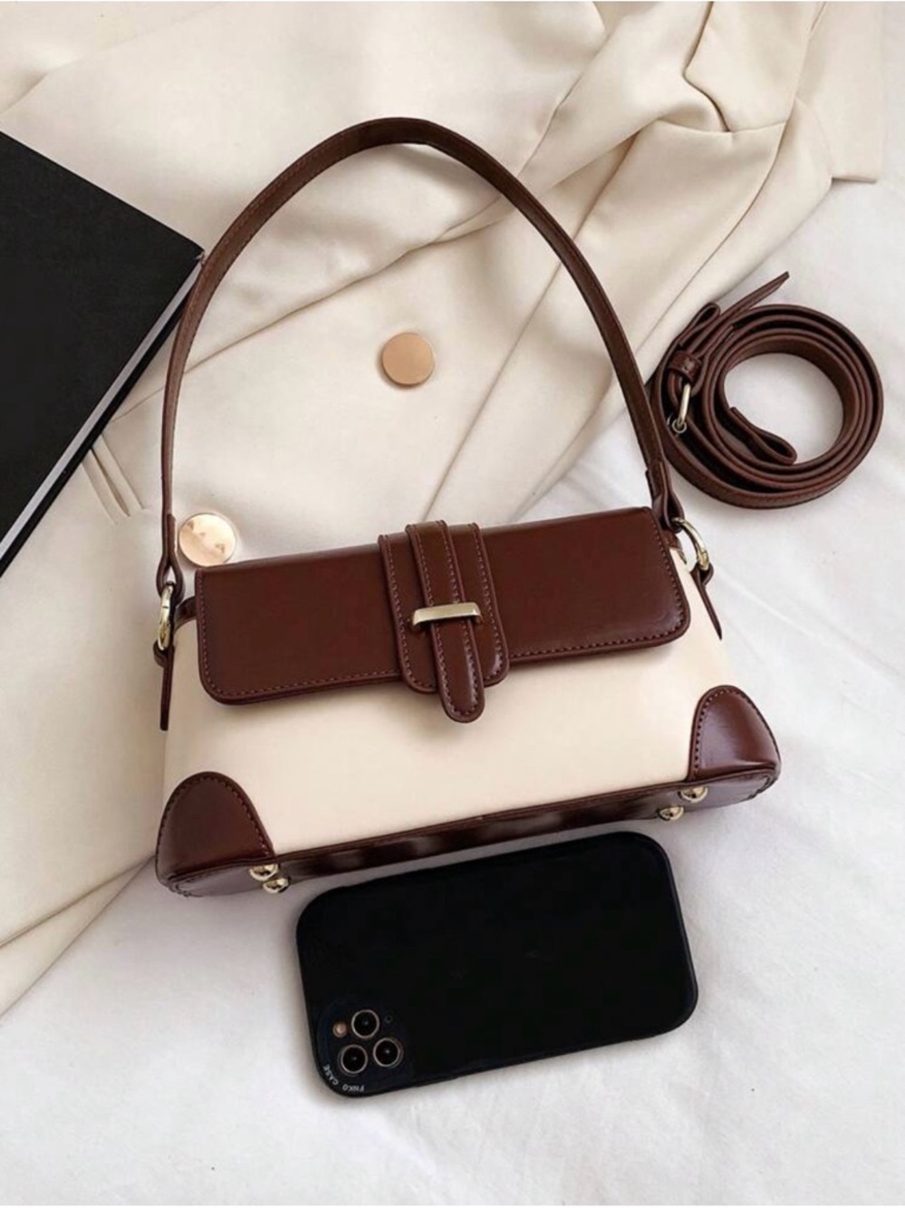 Classic Two-Tone Brown and Cream Vintage style Crossbody Bag - Picture 6 of 10